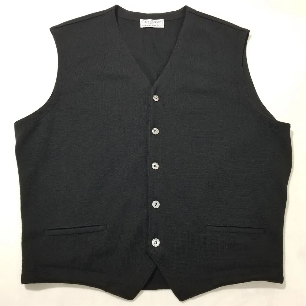 Gran Sasso Cardigan Sweater Vest Mens Waistcoat 100% Virgin Wool Black Italy